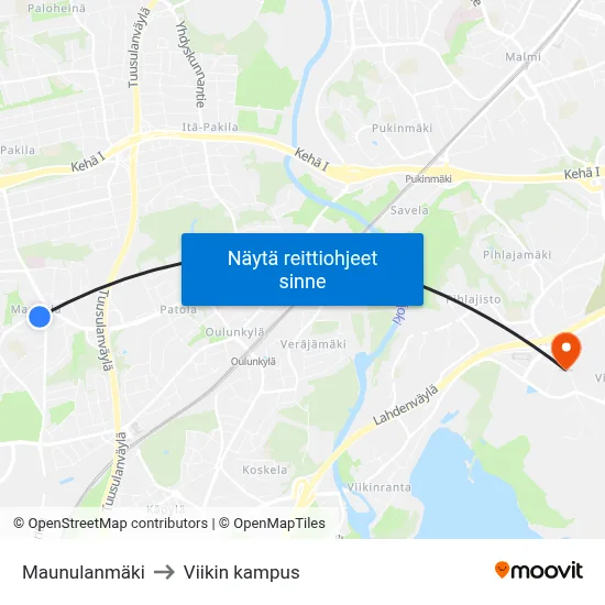 Maunulanmäki to Viikin kampus map