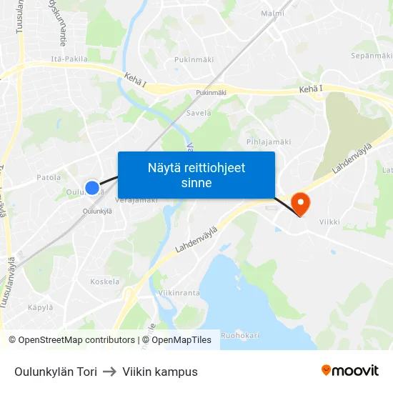 Oulunkylän Tori to Viikin kampus map