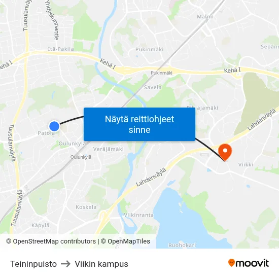 Teininpuisto to Viikin kampus map