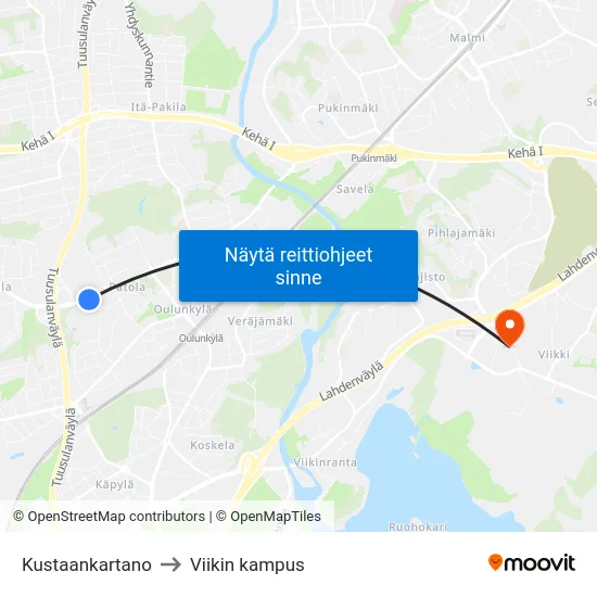 Kustaankartano to Viikin kampus map