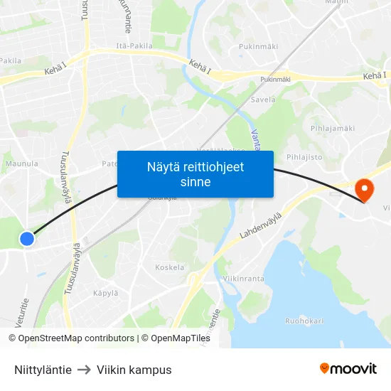 Niittyläntie to Viikin kampus map