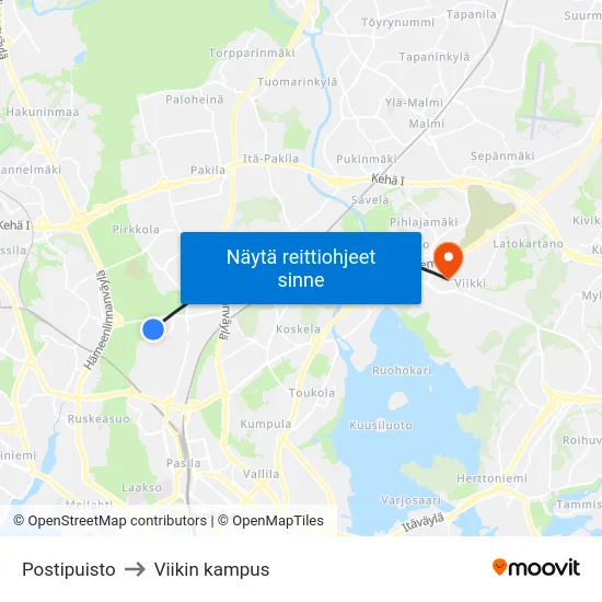 Postipuisto to Viikin kampus map