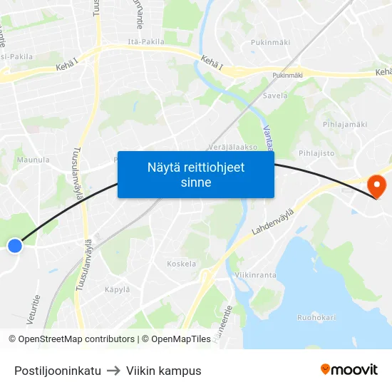 Postiljooninkatu to Viikin kampus map