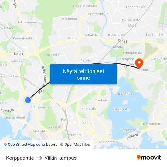 Korppaantie to Viikin kampus map