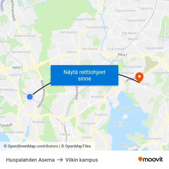 Huopalahden Asema to Viikin kampus map