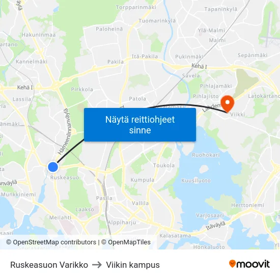 Ruskeasuon Varikko to Viikin kampus map