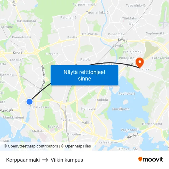 Korppaanmäki to Viikin kampus map