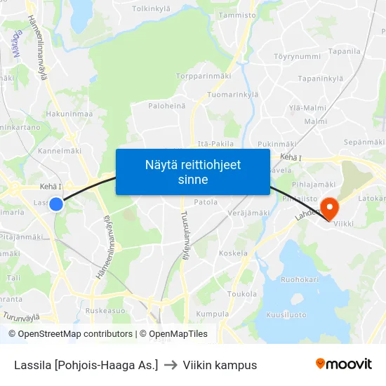 Lassila [Pohjois-Haaga As.] to Viikin kampus map