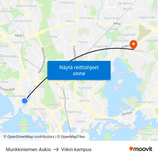 Munkkiniemen Aukio to Viikin kampus map