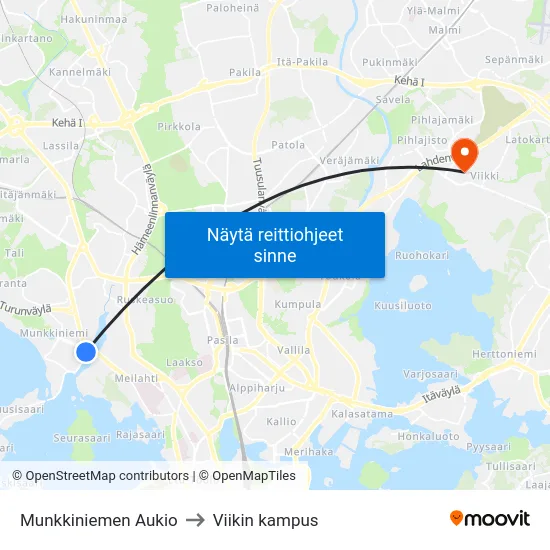 Munkkiniemen Aukio to Viikin kampus map