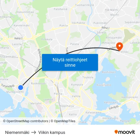 Niemenmäki to Viikin kampus map