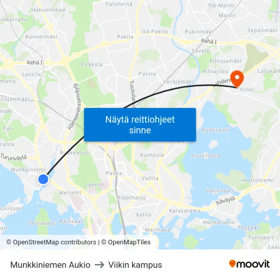 Munkkiniemen Aukio to Viikin kampus map