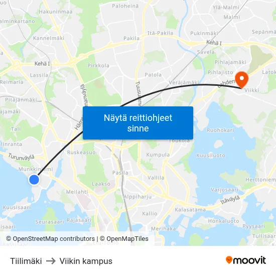 Tiilimäki to Viikin kampus map