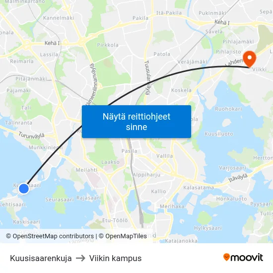 Kuusisaarenkuja to Viikin kampus map