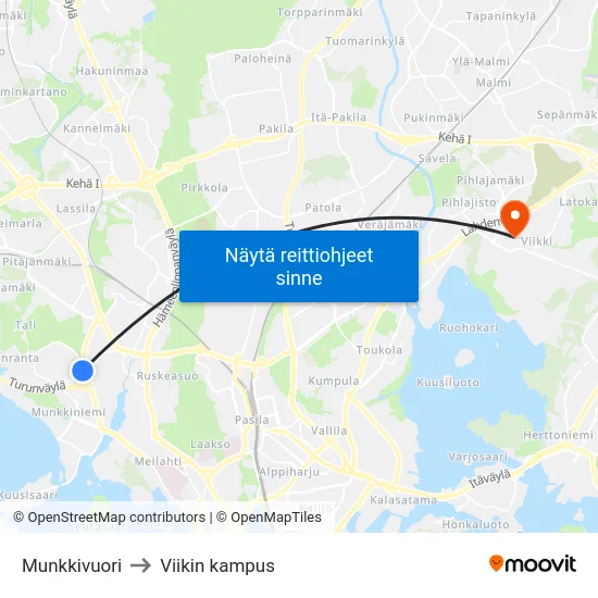 Munkkivuori to Viikin kampus map