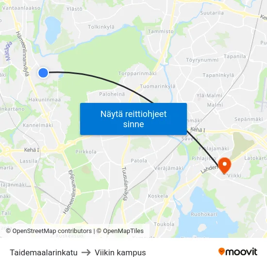 Taidemaalarinkatu to Viikin kampus map