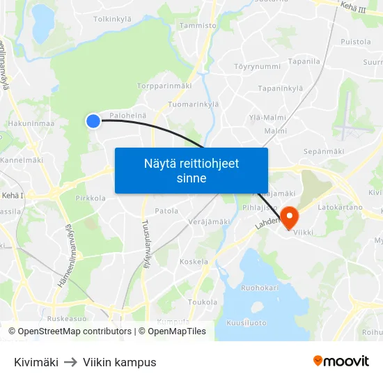 Kivimäki to Viikin kampus map