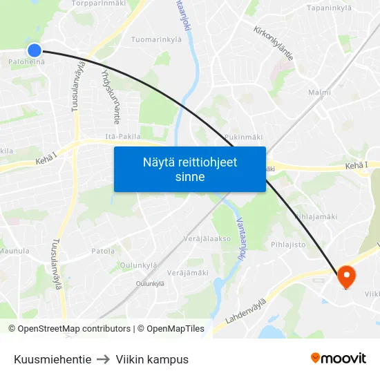 Kuusmiehentie to Viikin kampus map