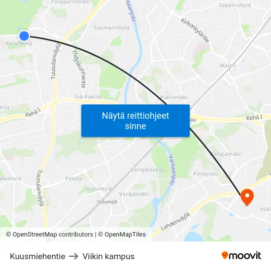 Kuusmiehentie to Viikin kampus map