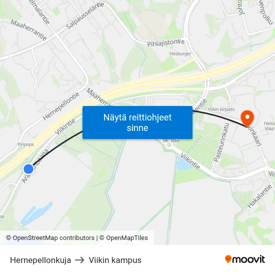 Hernepellonkuja to Viikin kampus map