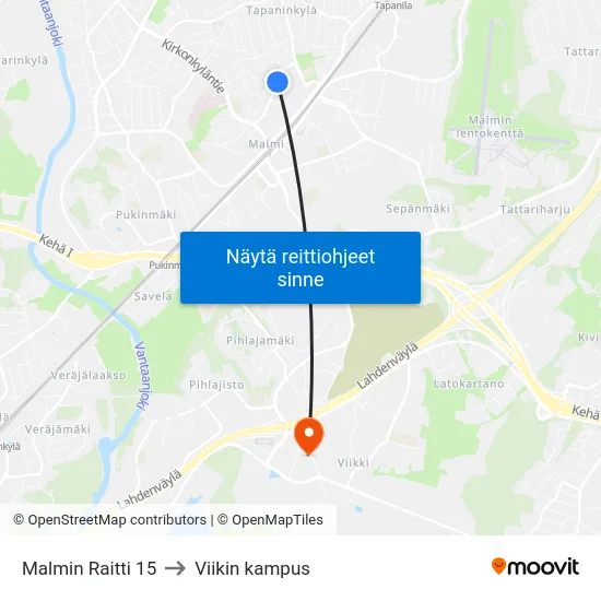 Malmin Raitti 15 to Viikin kampus map