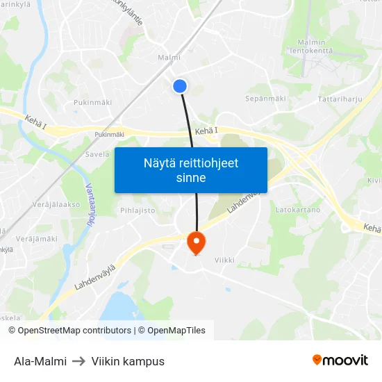 Ala-Malmi to Viikin kampus map