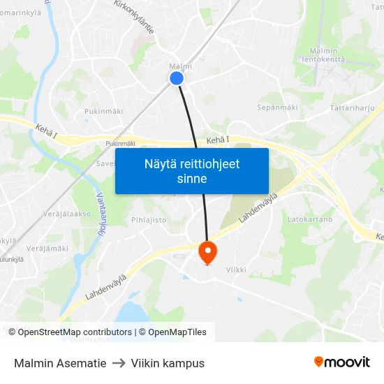 Malmin Asematie to Viikin kampus map