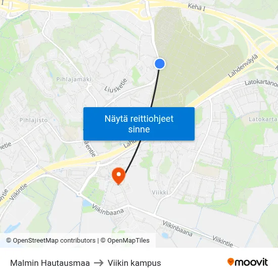 Malmin Hautausmaa to Viikin kampus map
