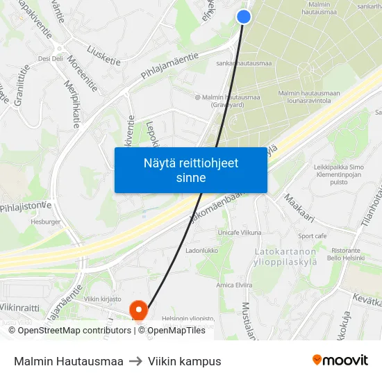 Malmin Hautausmaa to Viikin kampus map
