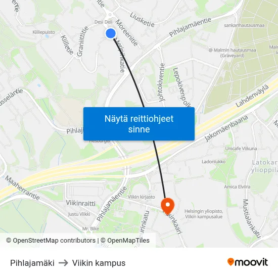 Pihlajamäki to Viikin kampus map