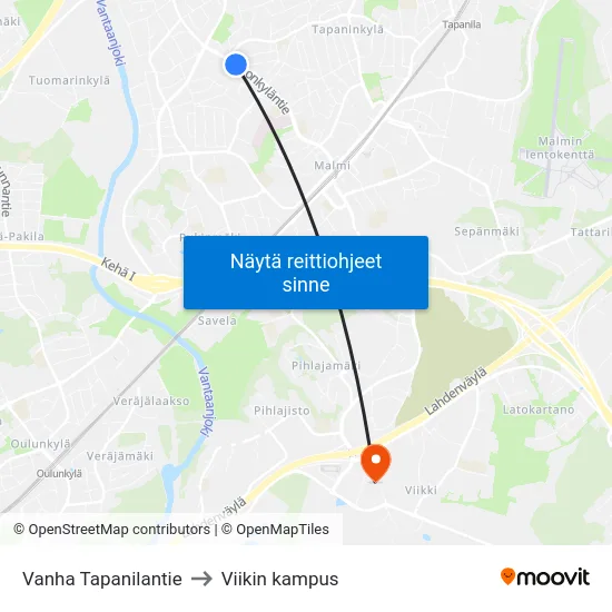 Vanha Tapanilantie to Viikin kampus map