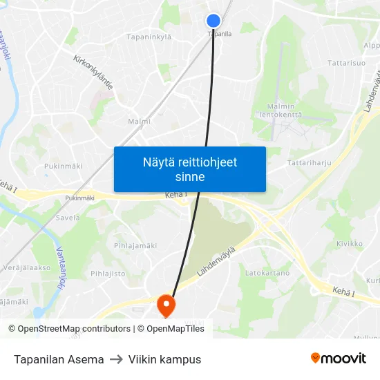 Tapanilan Asema to Viikin kampus map