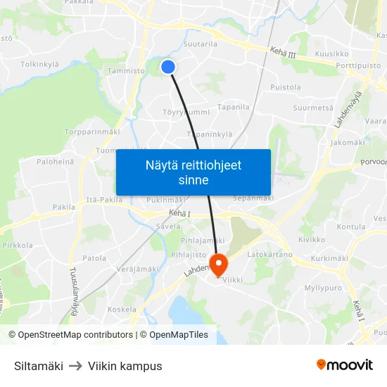 Siltamäki to Viikin kampus map