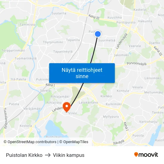 Puistolan Kirkko to Viikin kampus map