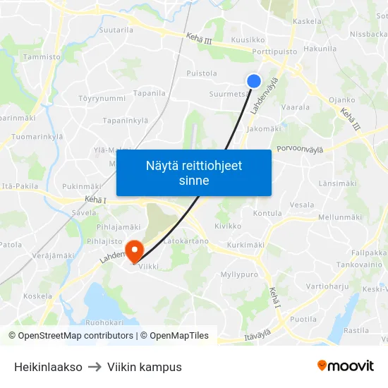 Heikinlaakso to Viikin kampus map