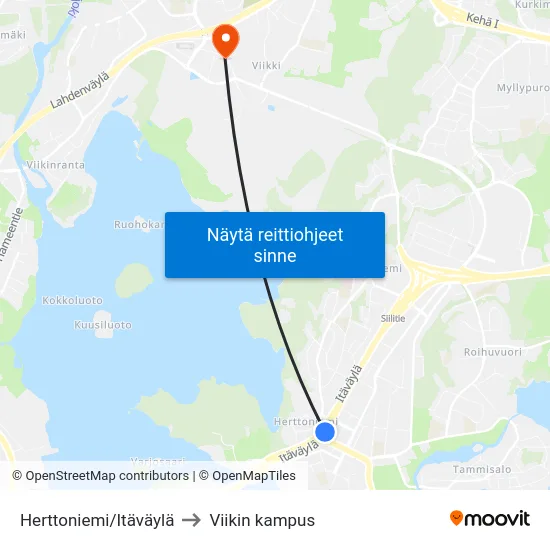 Herttoniemi/Itäväylä to Viikin kampus map