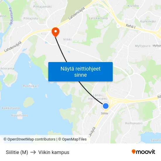 Siilitie (M) to Viikin kampus map