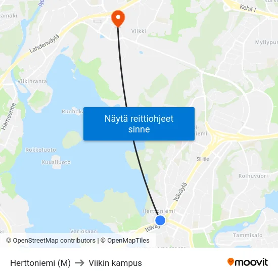 Herttoniemi (M) to Viikin kampus map