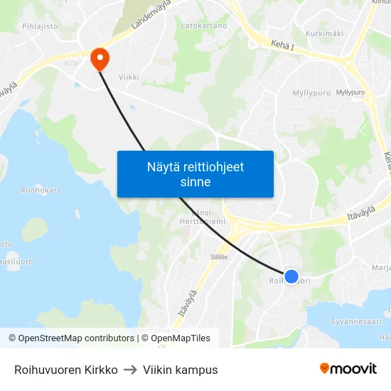 Roihuvuoren Kirkko to Viikin kampus map