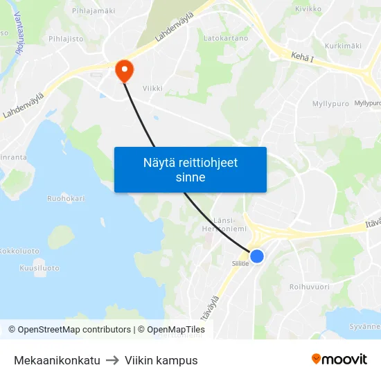 Mekaanikonkatu to Viikin kampus map