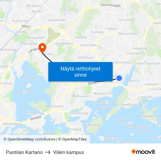 Puotilan Kartano to Viikin kampus map