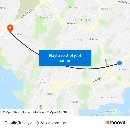 Puotila/Itäväylä to Viikin kampus map