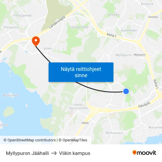 Myllypuron Jäähalli to Viikin kampus map