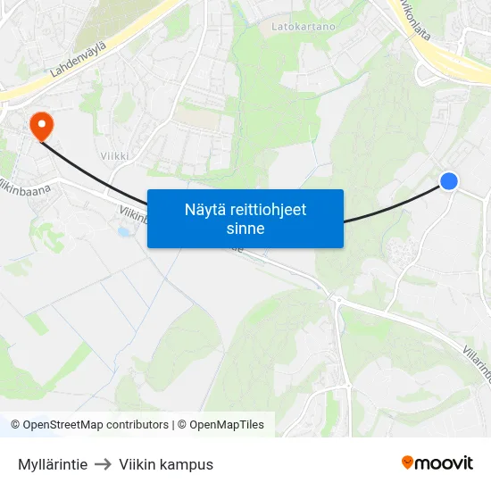 Myllärintie to Viikin kampus map