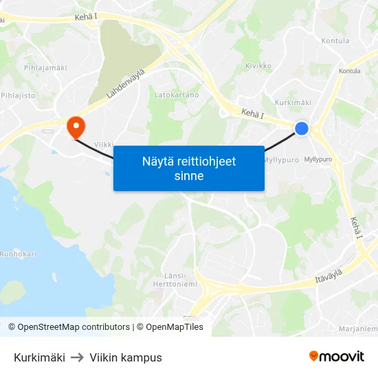 Kurkimäki to Viikin kampus map