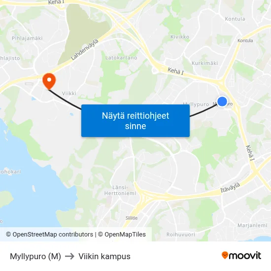Myllypuro (M) to Viikin kampus map