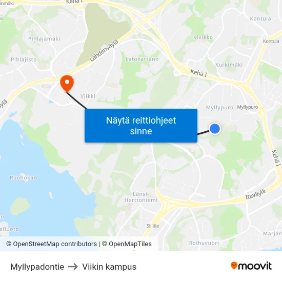 Myllypadontie to Viikin kampus map