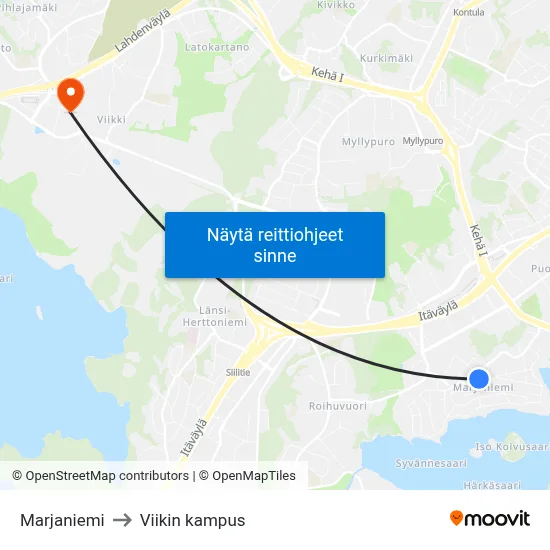 Marjaniemi to Viikin kampus map