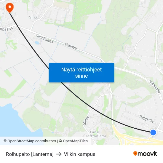 Roihupelto [Lanterna] to Viikin kampus map
