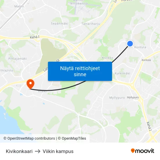 Kivikonkaari to Viikin kampus map